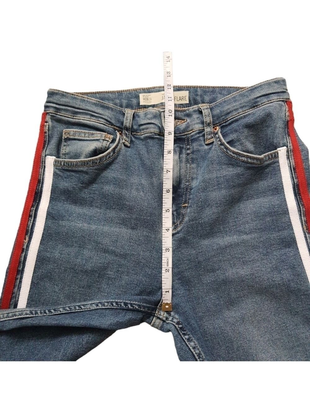 ๐บ๐ธ Topshop Jeans Moto Jamie Flare Womens 28 High Waisted Red White Blue Stripe - Picture 9 of 12